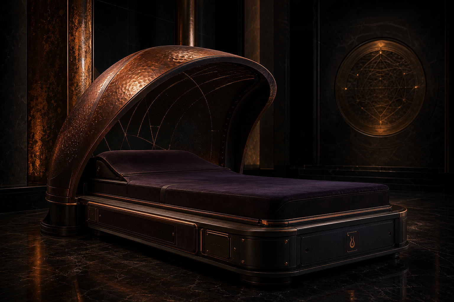 SOMAURUM ARA design concept: a dark listening bed held beneath a sculptural copper canopy