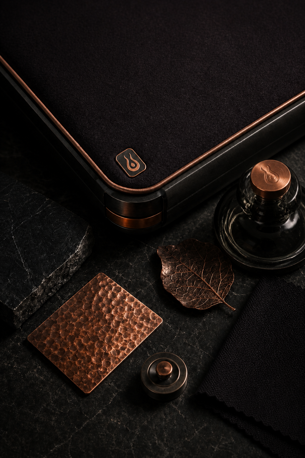 Hearth material study of copper, textured dark upholstery and obsidian surfaces